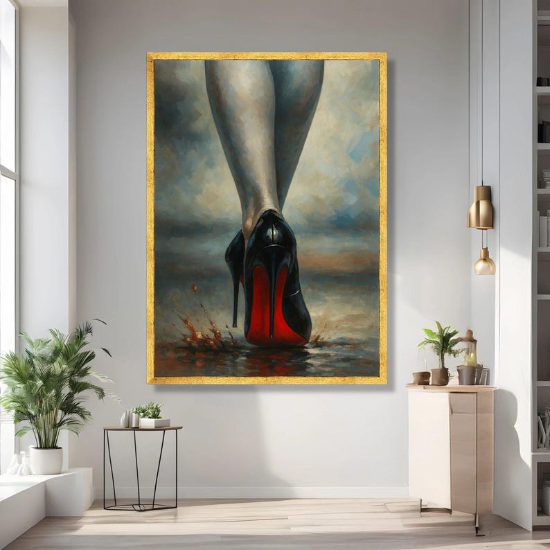 Elegant Black High Heels Canvas, Red Sole Shoes Wall Art, Fashion Footwear Painting, Modern Glamour Decor, Stylish Women’s Canvas Print image 2