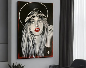 Pintura en lienzo de retrato moderno y elegante - Mujer blanca y negra con labios y sombrero rojos - Regalo de arte de pared único - Decoración contemporánea