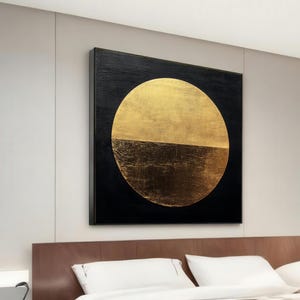 Golden Horizon Canvas, Abstract Circular Art, Minimalist Gold and Black Wall Art, Modern Canvas Design, Ready to Hang Decoration