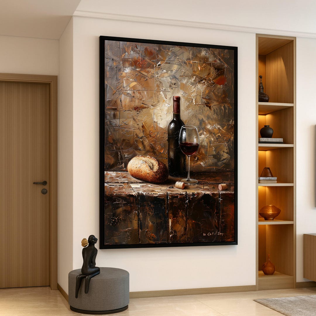 Rustic Wine and Bread Still Life Canvas, Red Wine Bottle Wall Art ...