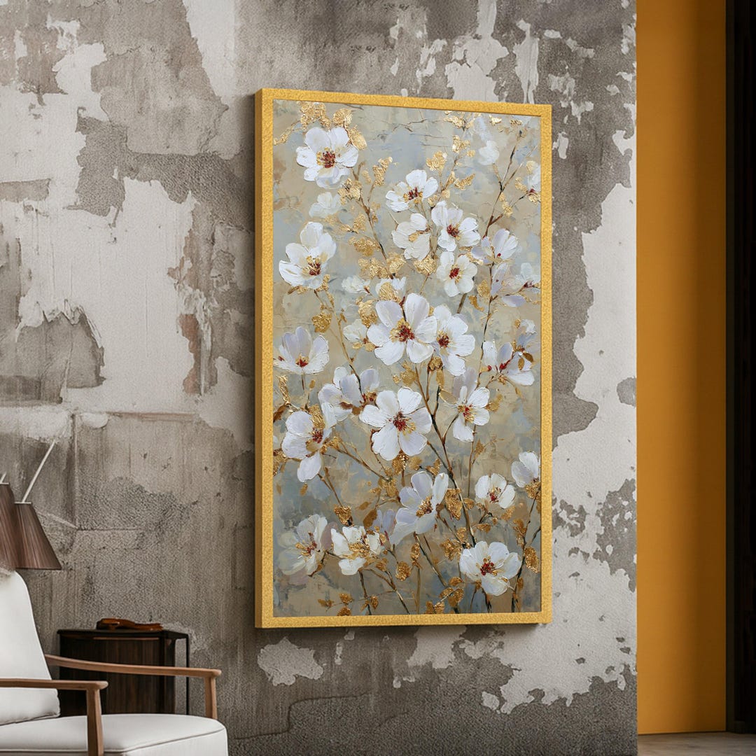 Elegant White Blossom Canvas Wall Art, Gold Leaf Floral Painting ...