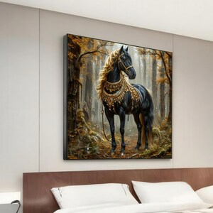 Elegante schwarze Pferde Leinwand, majestätische Waldpferd Kunst, golden geschmückte Pferdedruck, Wand Kunst Leinwand-Design, fertig zum Aufhängen Dekoration