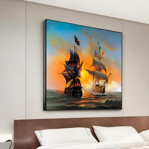Stunning Sunset Ship Battle Canvas Painting – Hand-Painted Seascape Art for Nautical Home Decor – Perfect Gift