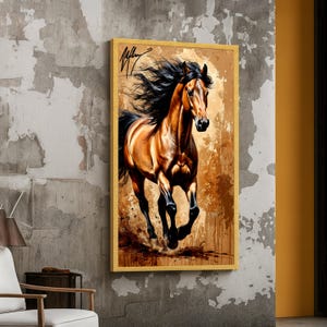 Majestic Running Horse Canvas Art, Dynamic Animal Wall Decor, Powerful Equestrian Canvas, Rustic Brown Horse Painting, Home Decoration