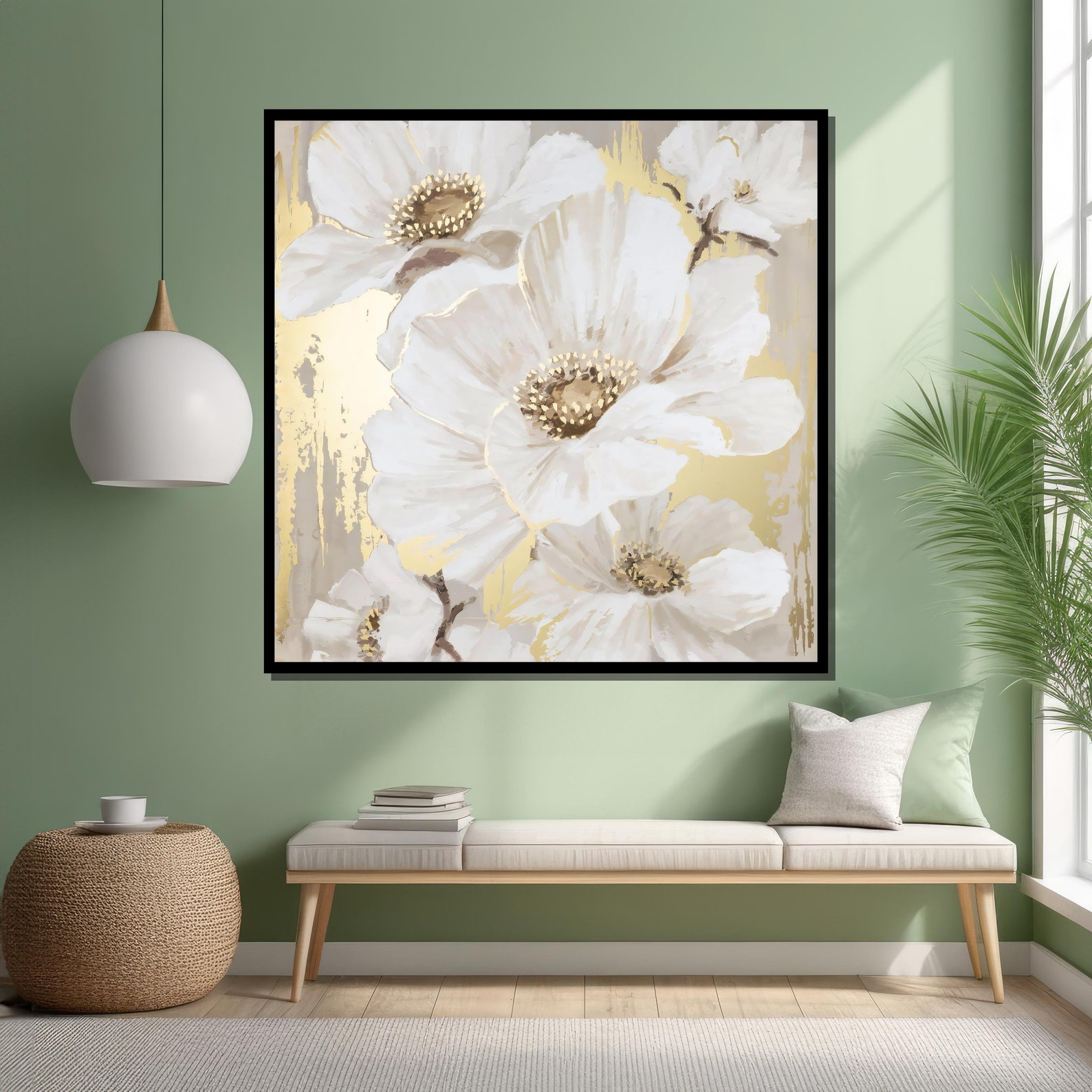 Charming White and Gold Flower Canvas Painting – Hand-painted Floral ...