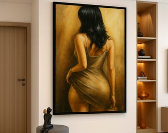 Sensual Woman Back View Canvas, Elegant Female Portrait Art, Warm Toned Home Decor, Contemporary Figurative Painting, Ready to Hang Wall Art