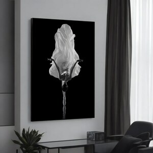 May include: A black and white photograph of a dancer in a flowing white dress, posed upside down with one leg extended.