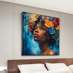 Ethnische Frau mit bunter Blumenkrone Leinwand Gemälde - Exquisites abstraktes Porträt - modernes Wohndekor Geschenk