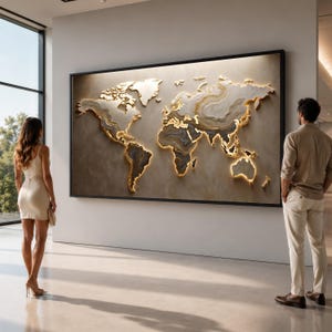 May include: A large rectangular wall art piece featuring a three-dimensional world map with layered, marble-like textures in shades of beige, cream, and dark grey, illuminated by a warm golden light glowing from behind the edges of the continents.