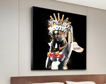 Golden Goddess of Peace: Banksy-Inspired Graffiti Pop Art Canvas Painting - Elegant Urban Art for Modern and Chic Interiors