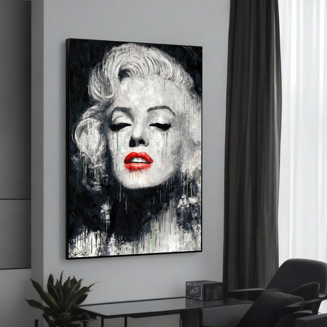 Iconic Modern Portrait Canvas Painting - Black and White Woman With Red ...