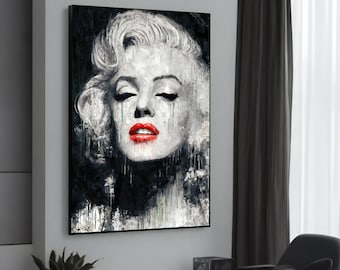 Pintura icónica de lienzo de retrato moderno - Mujer blanca y negra con labios rojos - Regalo único de arte de pared - Decoración contemporánea del hogar