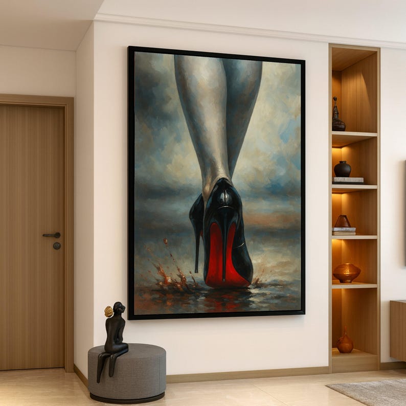 Elegant Black High Heels Canvas, Red Sole Shoes Wall Art, Fashion Footwear Painting, Modern Glamour Decor, Stylish Women’s Canvas Print image 1
