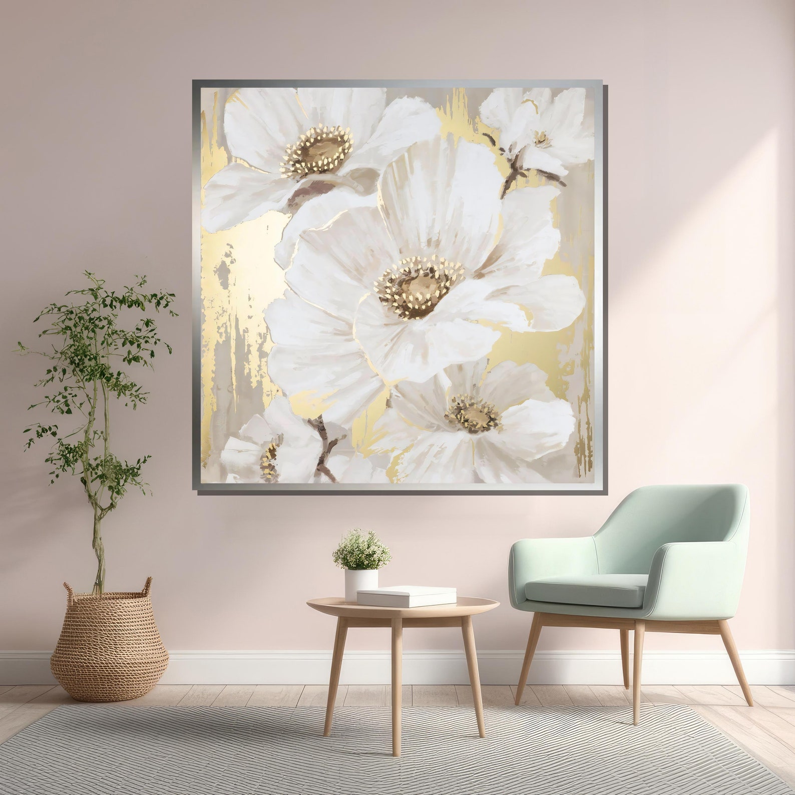 Charming White and Gold Flower Canvas Painting – Hand-painted Floral ...