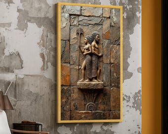 May include: A framed wall art piece featuring a relief sculpture of two figures standing back-to-back on a stone wall. The figures are adorned with detailed clothing and accessories. The artwork is set within a gold frame.