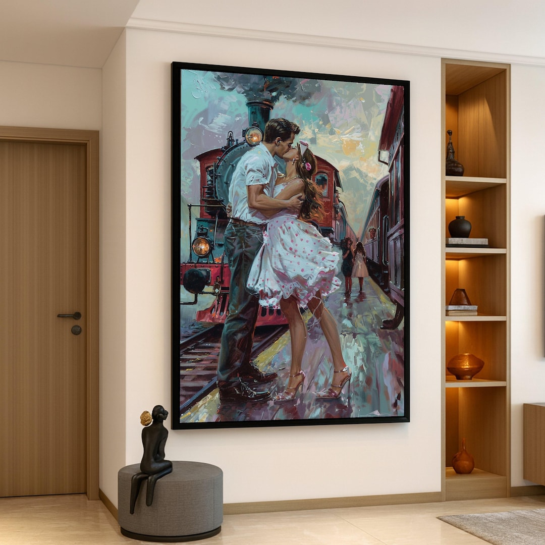 Romantic Kiss at Train Station Canvas, Vintage Couple Art