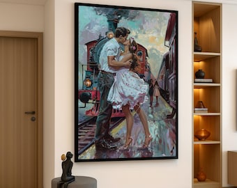 Romantic Kiss at Train Station Canvas, Vintage Couple Art, Nostalgic Love Scene Wall Decor, Romantic Travel Canvas, Ready to Hang Home