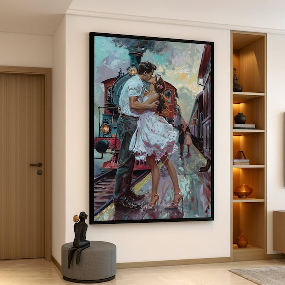 Romantic Kiss at Train Station Canvas, Vintage Couple Art