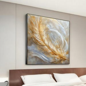 Canvas Gouden veren, abstracte verenkunst, elegante muurkunst canvas, luxe decor, klaar om op te hangen, ontwerp glitterveren, woondecoratie