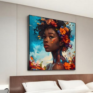 Ethnische Frau Blumenkrone Leinwand Gemälde - Buntes Abstraktes Porträt - Einzigartige Wand Kunst für Moderne Wohn Dekor Geschenk