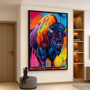 Levendige abstracte bizon canvas muurkunst, kleurrijke buffel schilderij, modern dierendecor, vet wildlife canvas, klaar om op te hangen woondecoratie afbeelding 2