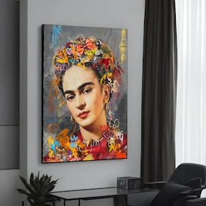 Colorful Frida Graffiti Canvas, Frida Art, Wall Art Canvas Design, Street Art Style, Mixed Media Canvas, Ready to Hang Decoration