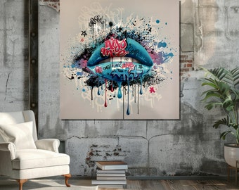 Colorful Urban Lips: Banksy-inspired Graffiti Pop Art Canvas