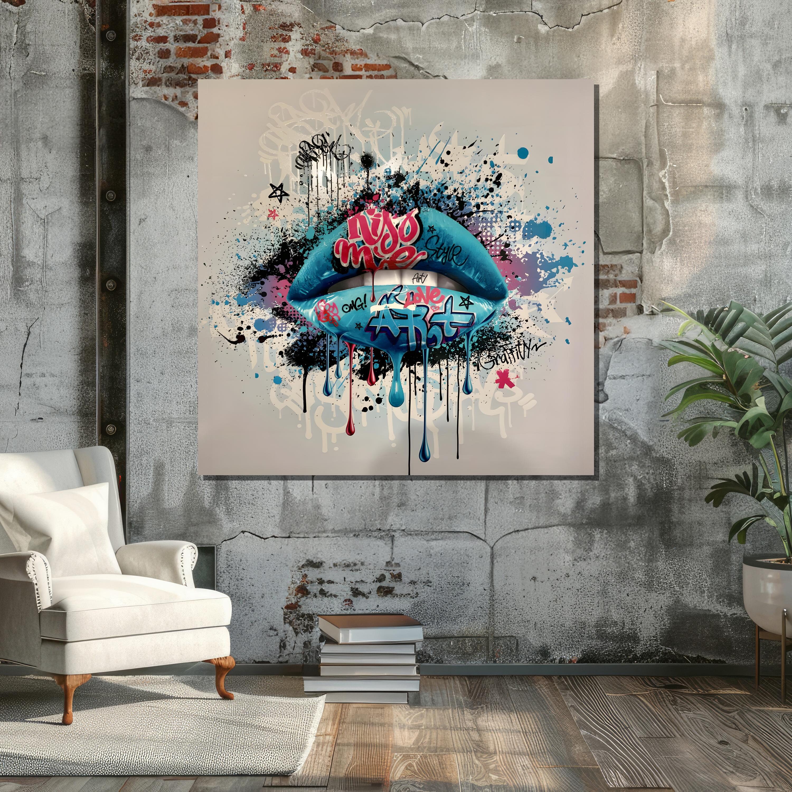 Colorful Urban Lips: Banksy-inspired Graffiti Pop Art Canvas