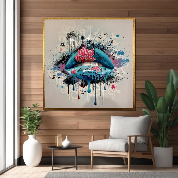 Colorful Urban Lips: Banksy-inspired Graffiti Pop Art Canvas