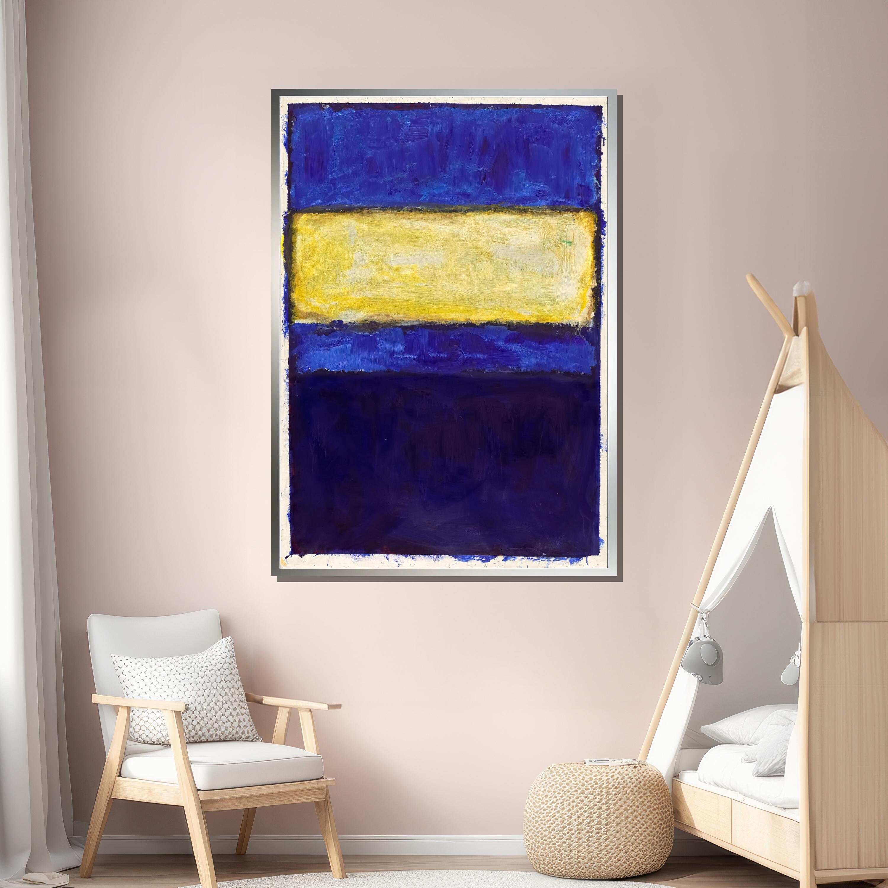 ダイナミックなブルーとイエローのマーク・ロスコ風抽象キャンバス絵画