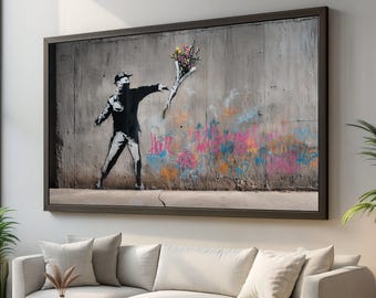 Banksy Graffiti Art, Flower Thrower Canvas, Urban Street Art Wall Decor, Contemporary Canvas Wall Art for Home