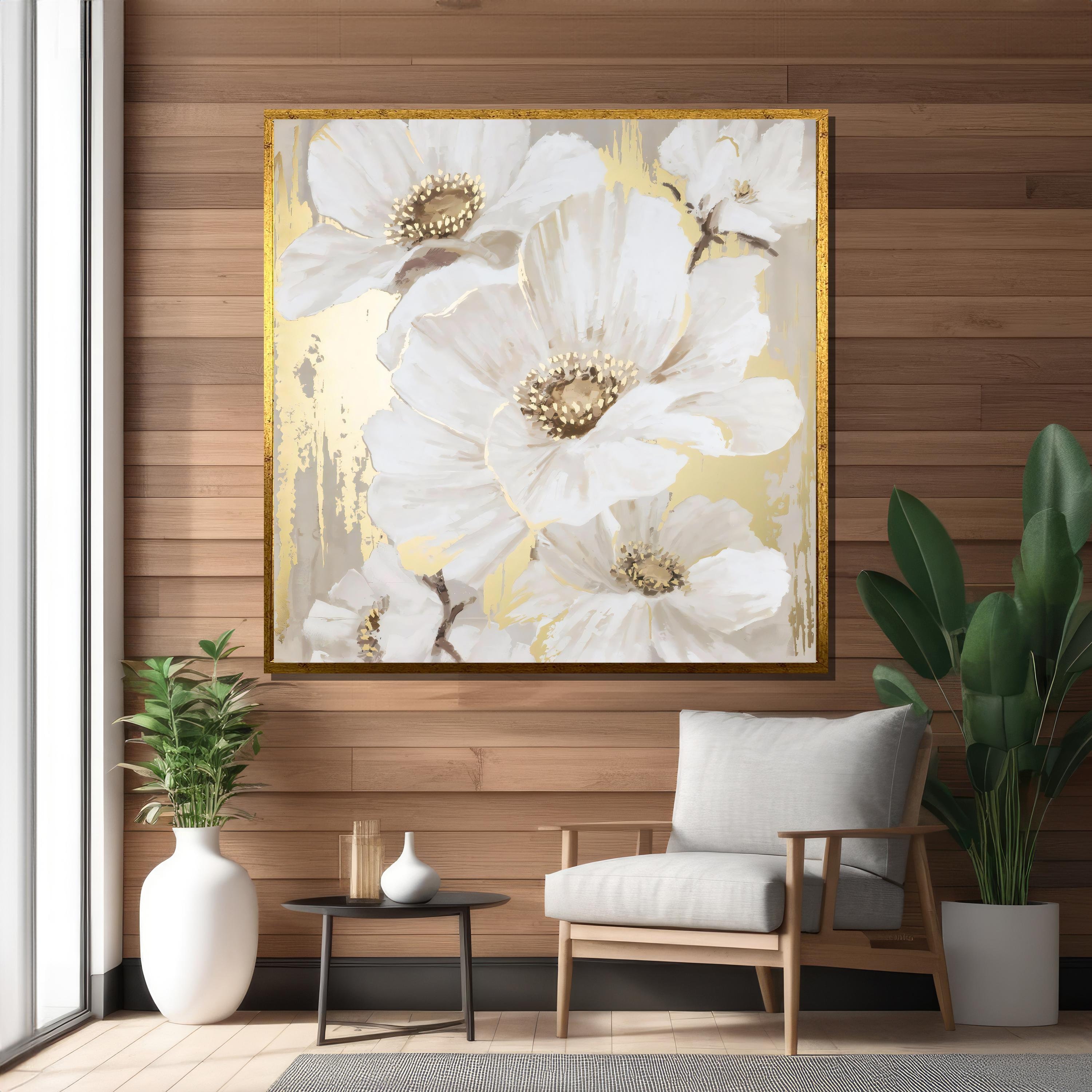 Charming White and Gold Flower Canvas Painting – Hand-painted Floral ...