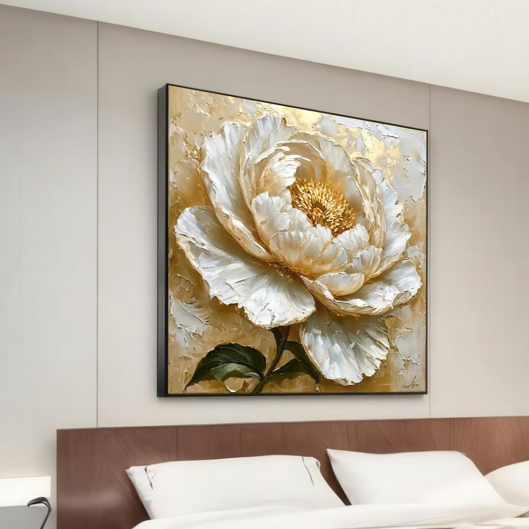 White Peony Canvas, Floral Wall Art, Textured Flower Painting, Wall Art ...