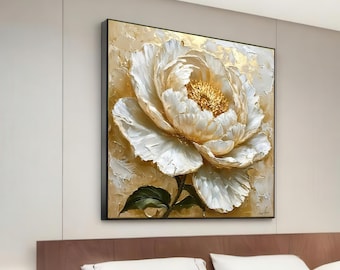 White Peony Canvas, Floral Wall Art, Textured Flower Painting, Wall Art Canvas Design, Ready To Hang Decoration
