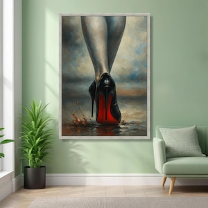 Elegant Black High Heels Canvas, Red Sole Shoes Wall Art, Fashion Footwear Painting, Modern Glamour Decor, Stylish Women’s Canvas Print image 4