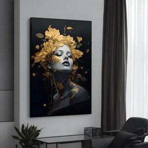 Elegant abstract canvasschilderij - vrouw met gouden bloemenaccenten - uniek kunstcadeau aan de muur - hedendaagse woondecoratie