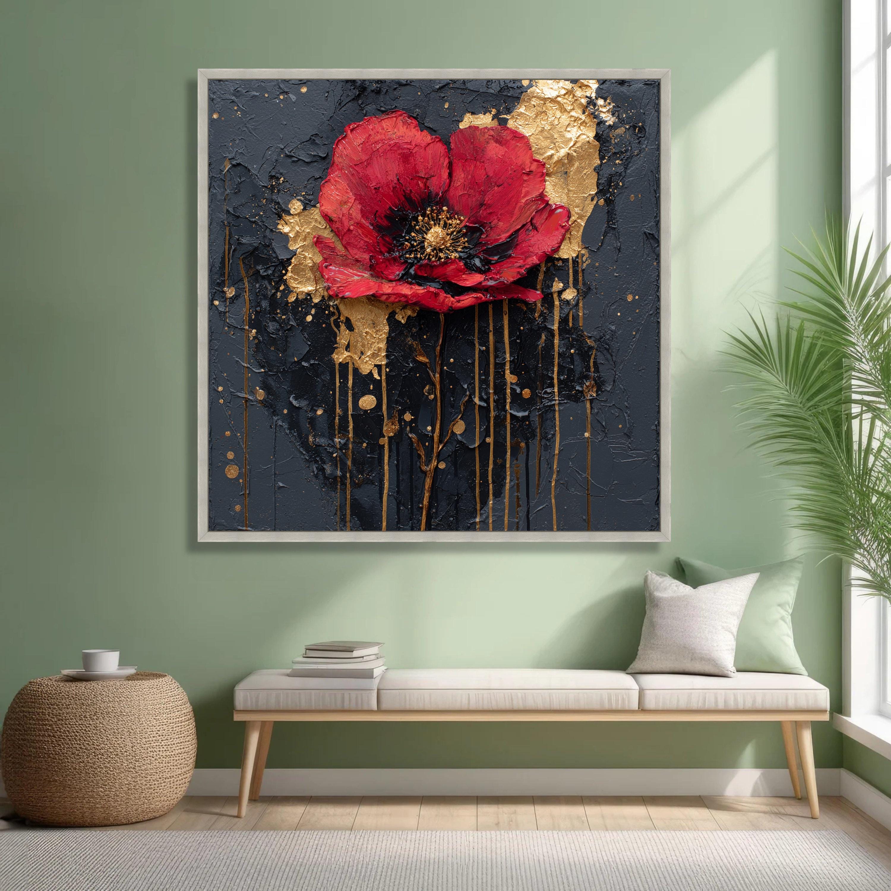 Red Poppy Flower Canvas Wall Art, Modern Floral Painting, Gold Accents ...