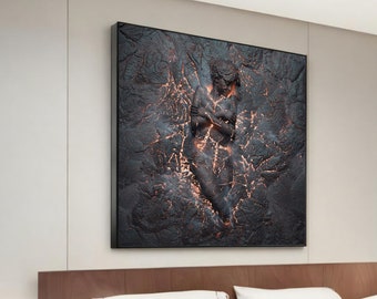 May include: A black and white abstract painting of a person with a textured, cracked surface. The person is depicted in a pose of embracing themselves, with a warm orange glow emanating from their body.
