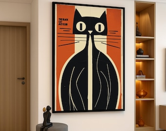 Retro Black Cat Jazz Club-doek, moderne muurkunst uit het midden van de eeuw, abstracte katillustratie, vintage woondecoratie
