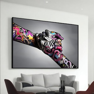 Banksy-Inspired Pop Art Canvas - Vibrant Graffiti Handshake Wall Art - Contemporary Urban Art for Home Decor - Unique Gift