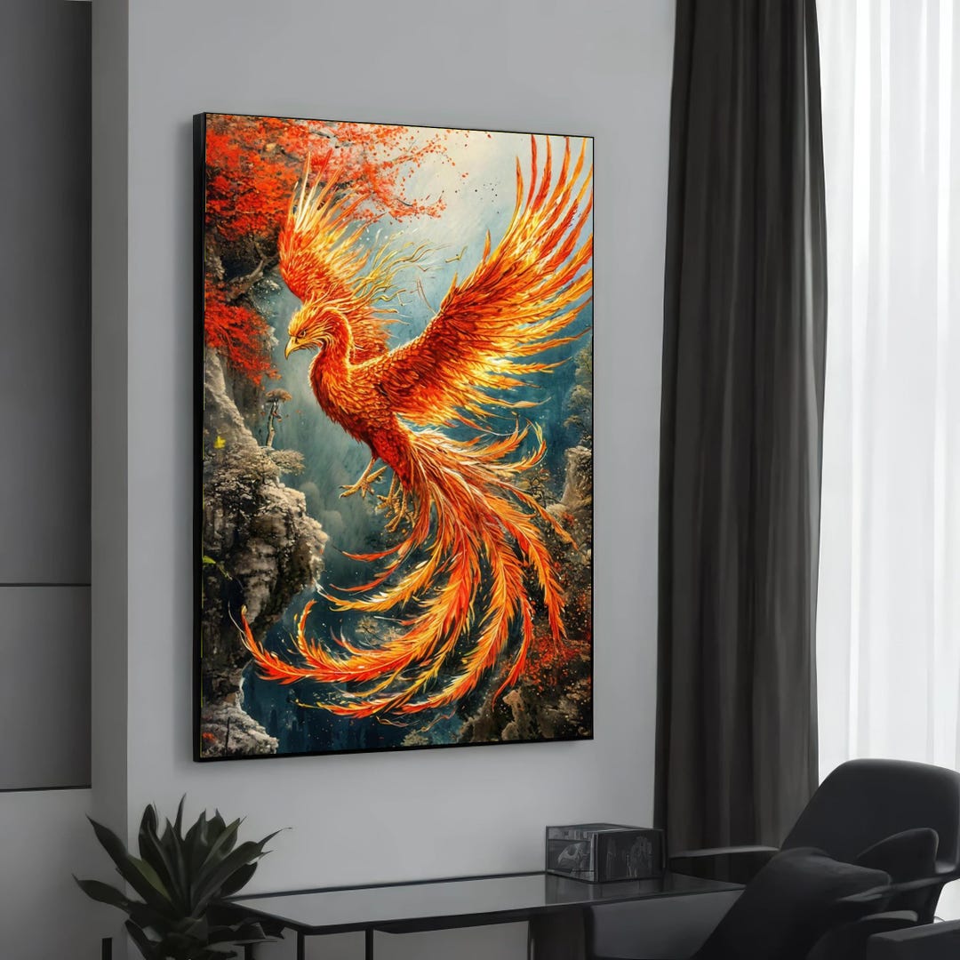 Fiery Phoenix Canvas, Mythical Bird Art, Vibrant Phoenix Wall Print ...