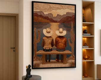 Western Cowboy Sunset Canvas, Desert Landscape Wall Art, Rustic Cactus Scene, Two Cowboys Sitting, Calming Nature Canvas, Southwestern Home