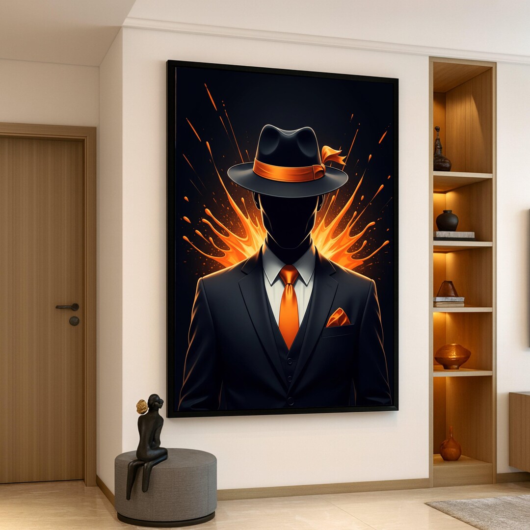 Mysterious Gentleman in Black Suit and Fedora, Orange Tie Splash Canvas ...