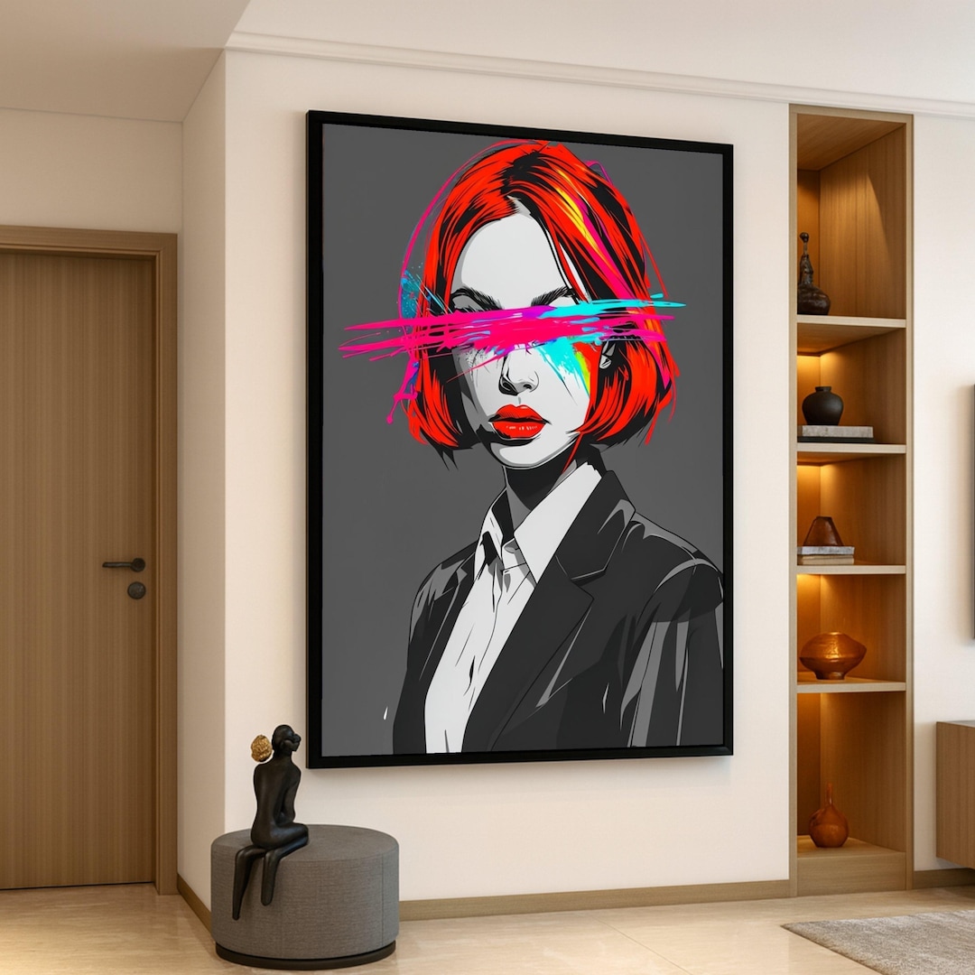 Modern Abstract Portrait Canvas, Red Hair Woman Wall Art, Neon Color ...