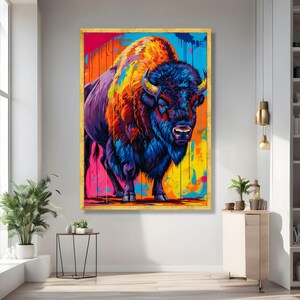 Levendige abstracte bizon canvas muurkunst, kleurrijke buffel schilderij, modern dierendecor, vet wildlife canvas, klaar om op te hangen woondecoratie afbeelding 5