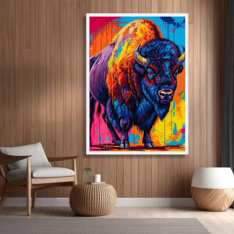 Levendige abstracte bizon canvas muurkunst, kleurrijke buffel schilderij, modern dierendecor, vet wildlife canvas, klaar om op te hangen woondecoratie afbeelding 3