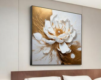 Golden Bloom Canvas, White and Gold Flower Art, Floral Wall Art, Elegant Canvas Design, 3D Flower Wall Decor, Ready to Hang Decoration