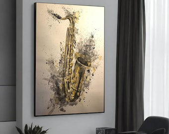 May include: A watercolor painting of a gold saxophone with black and gray watercolor splatters on a white background.