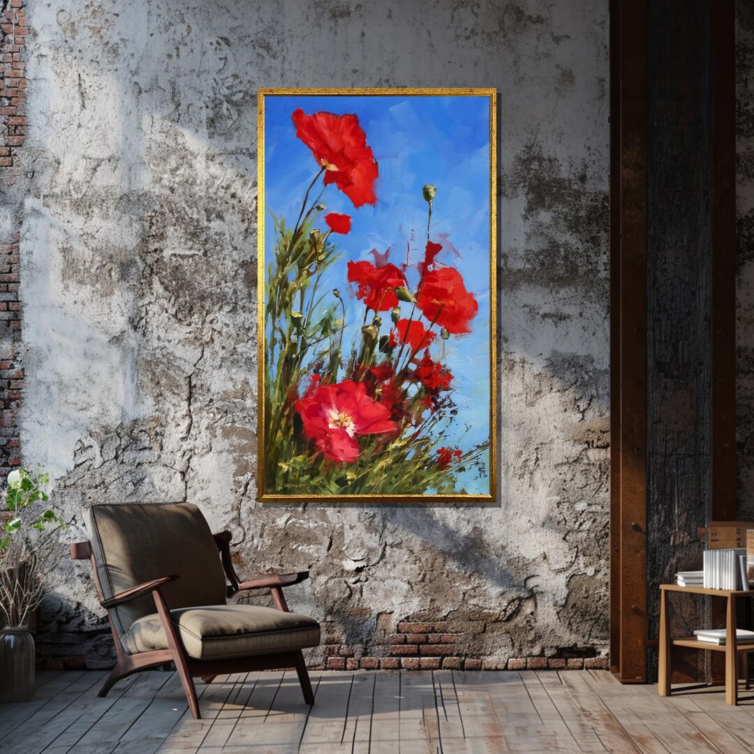 Vibrant Red Poppies Canvas Painting - Lively Wall Art With Bright Blue ...