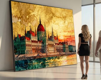 Budapest Parliament Canvas Print Wall Art, Gold Cityscape Art Print, Hungarian Landmark Decor for Living Room Office